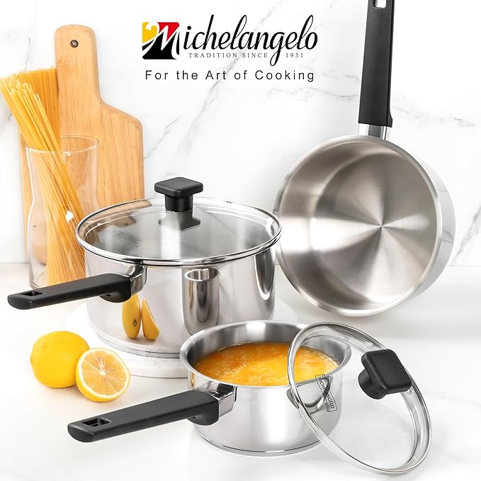 MICHELANGELO Stainless Steel Sauce Pan with Lid 1QT & 2QT & 3QT, TriPly Stainless Steel Saucepans with Straight Bakelite Handle & Square Lid Knob, Nonstick Sauce Pans Set, Induction Compatible