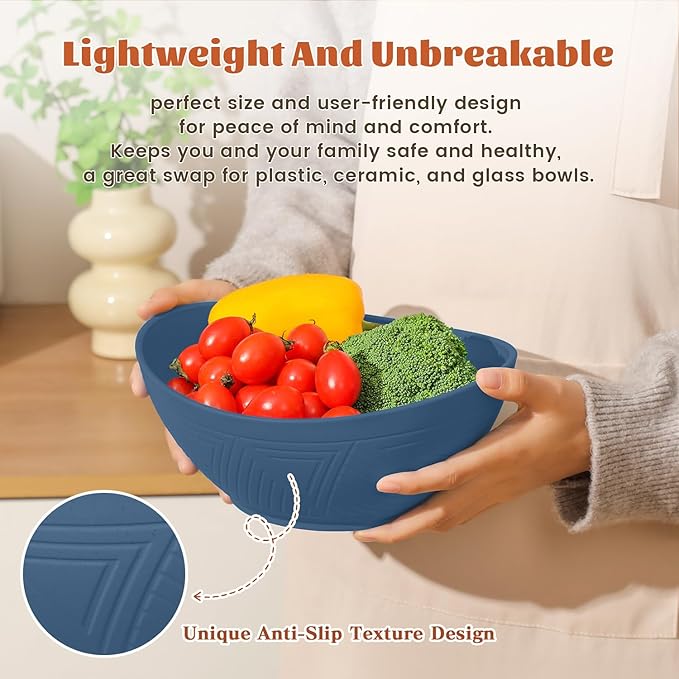 Homienly Wheat Straw Bowl Set of 6-60 OZ Large Salad Bowls,Microwave and Dishwasher Safe Bowl Set, Alternative for Plastic Bowls for Serving Soup,Popcorn Bowl for Kitchen - Blue