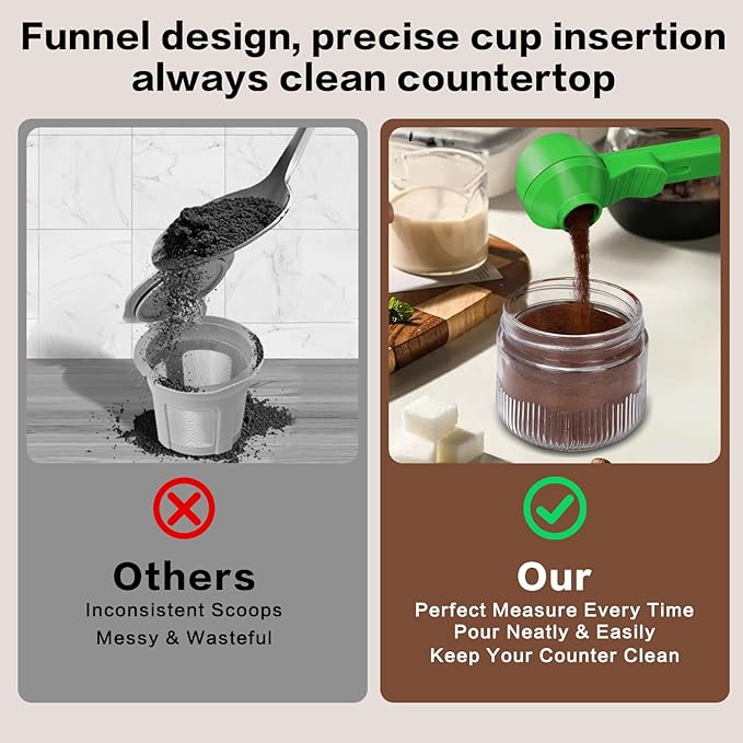 2-in-1 Coffee Scoop with Funnel, 2 Teaspoon Measuring Spoon for Reusable K Cups, Ground Coffee, Protein Powder & Tea, Mess-Free Plastic Design (Green)