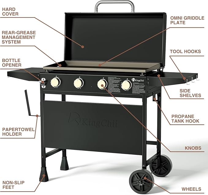 KingChii 32" 4-Burner Griddle with Integrated Protective Hood and Counter Height Side Shelves, Powder Coated Steel, for Breakfast, BBQ & Grilling w/Steel Cooking Surface,Black