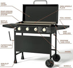 KingChii 32" 4-Burner Griddle with Integrated Protective Hood and Counter Height Side Shelves, Powder Coated Steel, for Breakfast, BBQ & Grilling w/Steel Cooking Surface,Black