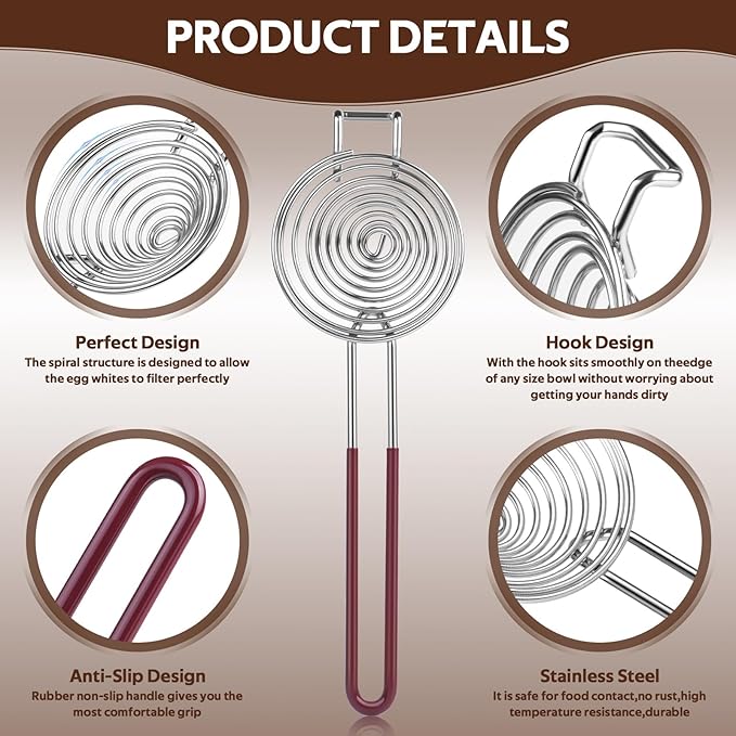 Egg Separator,Stainless Steel Egg Yolk White Separation Tool Long Handle Egg White Separator Kitchen Utility Gadget Cooking Baking Tools-Brown