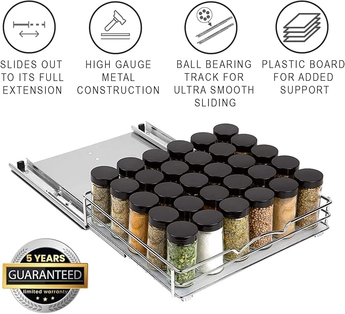 Pull Out Cabinet Organizer for Spices, Cans - Heavy Duty with Lifetime Limited Warranty- Pull Out Spice Rack- Cabinet Pull Out Shelf for Cans,Dishes, Etc, 12-3/8"Wx 10-3/8"D x 2-3/4” H, Chrome