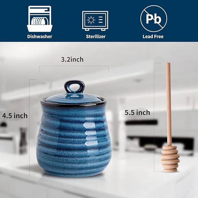 Hasense Ceramic Honey Pot with Lid, 12 Ounce HoneyJar with Wooden Dipper, Honey Dipper Stick and Jar Set, Cute Small Container for Christmas Thanksgiving Gift, Dishwasher Safe, Blue