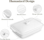MALACASA 3.4 Quart Baking Dish With Lid, Porcelain Casserole dish with Lid, 13 x 9 Lasagna Pan Deep with Lid, Rectangular Bakeware With Handle, Microwave, Oven Safe, White, Series BAKE