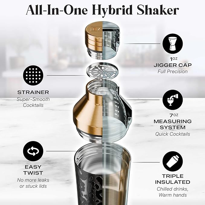 Insulated Cocktail Shaker Set | Double Wall Stainless Steel | Martini Shaker for Home Bar Bartending | Built-in Drink Measurement System & Strainer, Travel Bag, 35 Recipes | Gift Set (Leopard Copper)