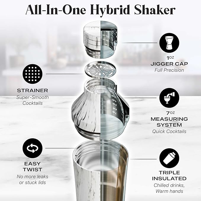 Insulated Cocktail Shaker Set | Double Wall Stainless Steel | Martini Shaker for Home Bar Bartending | Built-in Drink Measurement System & Strainer, Travel Bag, 35 Recipes | Gift Set (Marble)