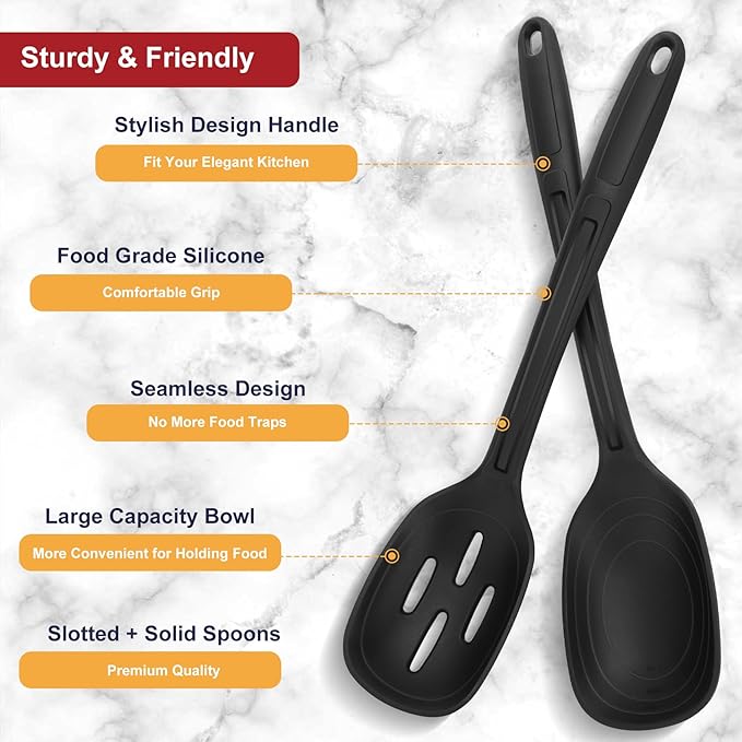 2 Pack Large Silicone Cooking Spoon with Measuring Mark, Premium Non-Stick Solid and Slotted Serving Spoons Set, Heat Resistant Kitchen Utensils for Mixing, Stirring, Scooping, Scraping