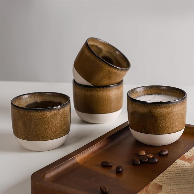 INGOFIN Ceramic Espresso Cup Set - Espresso Cup Set for Coffee and Tea, Espresso Accessories for Espresso Machine, Coffee Mug for Cafe, and Restaurant, Pack of 4, Brown, Microwave & Freezer Safe