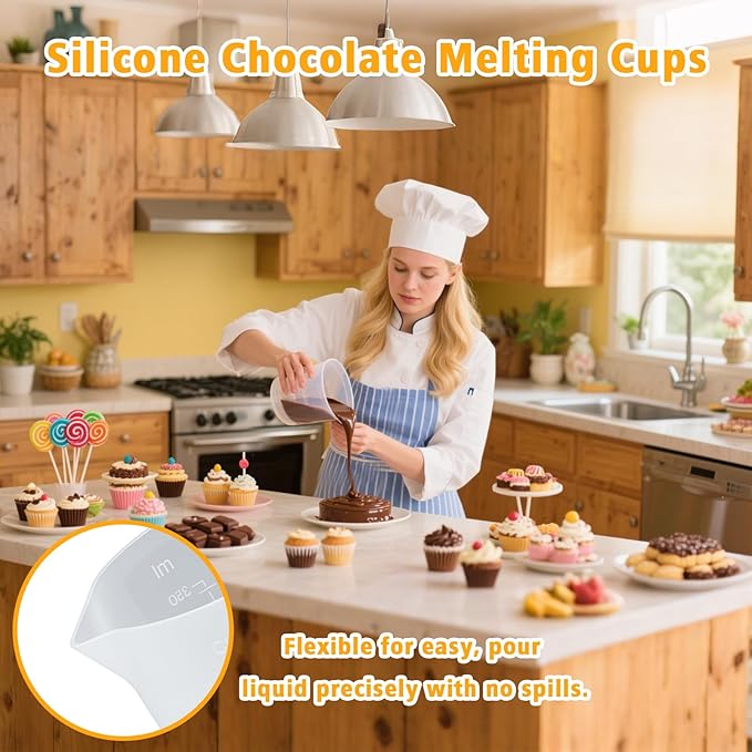 Palksky Silicone Cups for Melting Chocolate, 4PCS Silicone Measuring Cups with 250 & 350ml Capacity, Reusable Baking Supplies for DIY Chocolate Molds