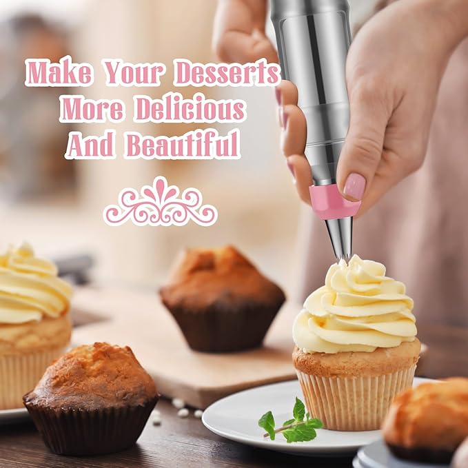 Uiifan 2 Sets Icing Decoration Gun Set Dessert Decorating Decorator Syringe Cake Decorating Tool and 12 Pcs Russian Piping Icing Nozzles Cupcake Filling Injector Cake Tool for Baking(Pink, Yellow)