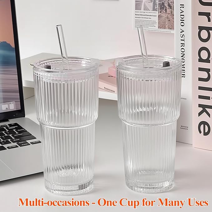 20 oz Ribbed Glass Tumblers with Lids and Straws – Set of 4 Thickened Glassware, Elegant Durable Ribbed Drinking Glasses Bulk for Iced Coffee Cups, Cocktails, Smoothies, Juice, Hot or Cold Beverages