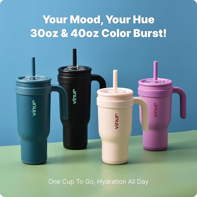 VINUR 30 oz Insulated Tumbler with Handle & Straw Lid-Stainless Steel Double Wall Vacuum Drink Water Cup Coffee Mug with Rubber Base, Black