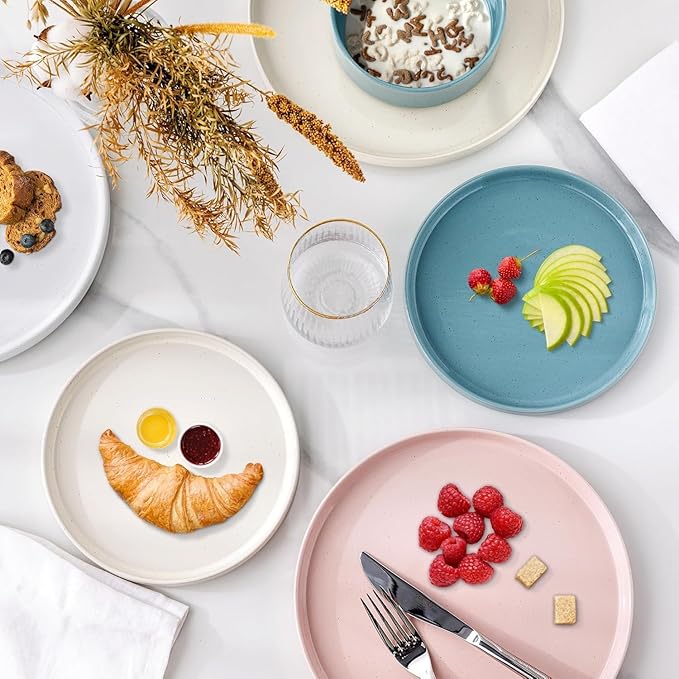 AmorArc Ceramic Dinnerware Set for 4 | Handpainted Stoneware Plates and Bowls with Rustic unglazed terracotta | Scratch Resistant, Dishwasher & Microwave Safe Dishes Sets- 12-Pcs Colorful