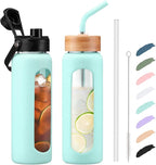 Kodrine Water Bottle with Straw, 24 oz Glass water Bottle with 2 Lids Bamboo Straw Lid and Spout Lid with Handle, 32 oz Clear Water Bottle Glass for Sports Travel, Waterbottle with Time Marker