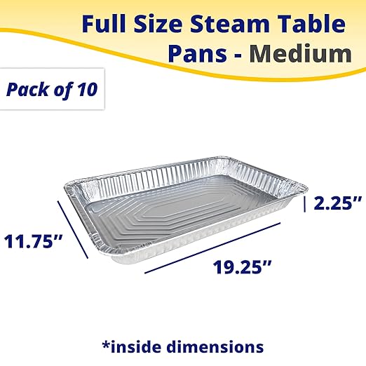 IDL Packaging Full Size Aluminum Steam Table Pans - Medium, 21" x 13" x 2.25" (pack of 10) - Disposable Foil Pan for Grilling, Roasting, BBQ, Cooking, Baking, Freezing