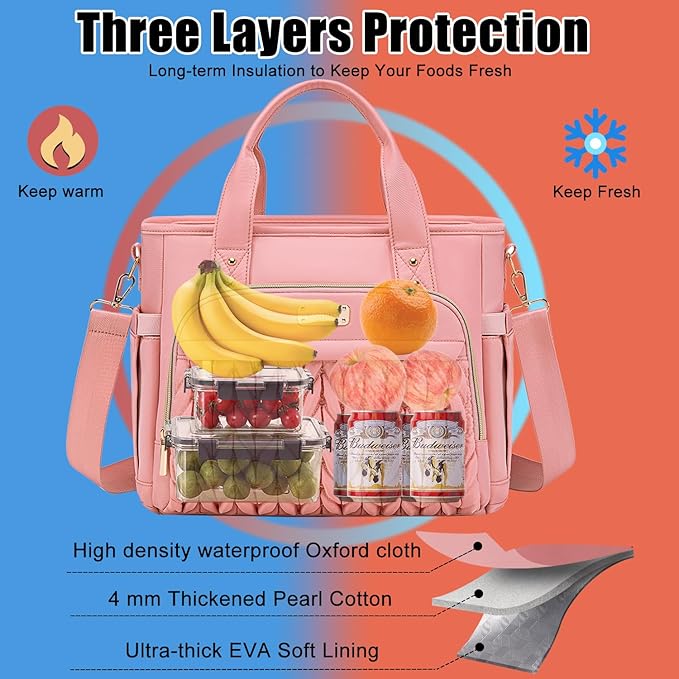 Weitars Insulated Lunch Bag for Women,Leak Proof Lunch Box for Work,Extra Large Lunch Tote Bag With Removable Shoulder Strap with Side Pockets,Reusable Lunch Bag For Picnic Hiking (Pink-02)