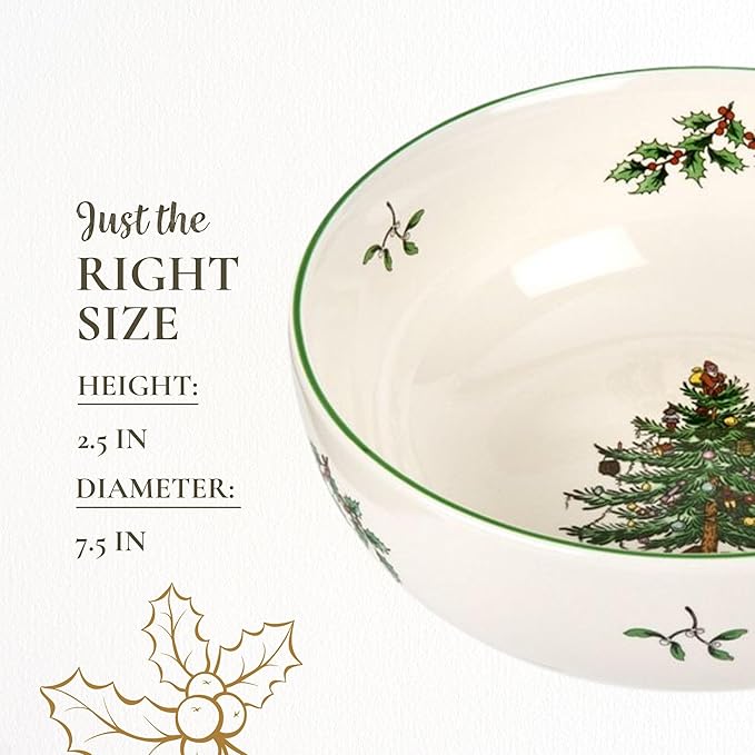 Spode Christmas Tree Individual Fruit Bowl - 7 Inch Porcelain Oatmeal, Salad, Soup, Cereal, Breakfast, Dessert Bowl - Durable, Stackable, Microwave & Dishwasher Safe - Decorative Holiday Design