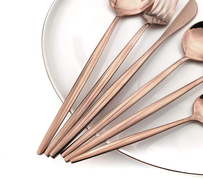 24Pcs Copper Mirror Silverware Flatware Set, 18/0 Stainless Steel Cutlery Set Utensils Kitchen Rose Gold Dinnerware Include Knife Fork Spoon and Teaspoon, Service for 4