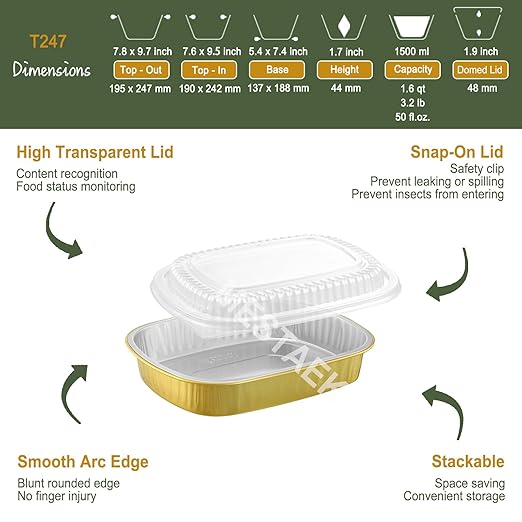 Oval Aluminum Foil Pans with Snap-On Lids (5 Pack) | 2X Thicker Heavy Duty Reusable Container 50oz for Take-Out (Gold)