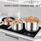 13-Piece Stainless Steel Cookware Set with Nonstick Frying Pans, Sauce Pots & Stock Pot, Heavy Duty Pots and Pans Set, Wooden Handles & Triple Layer Bottom, Induction Cookware, Easy to Clean