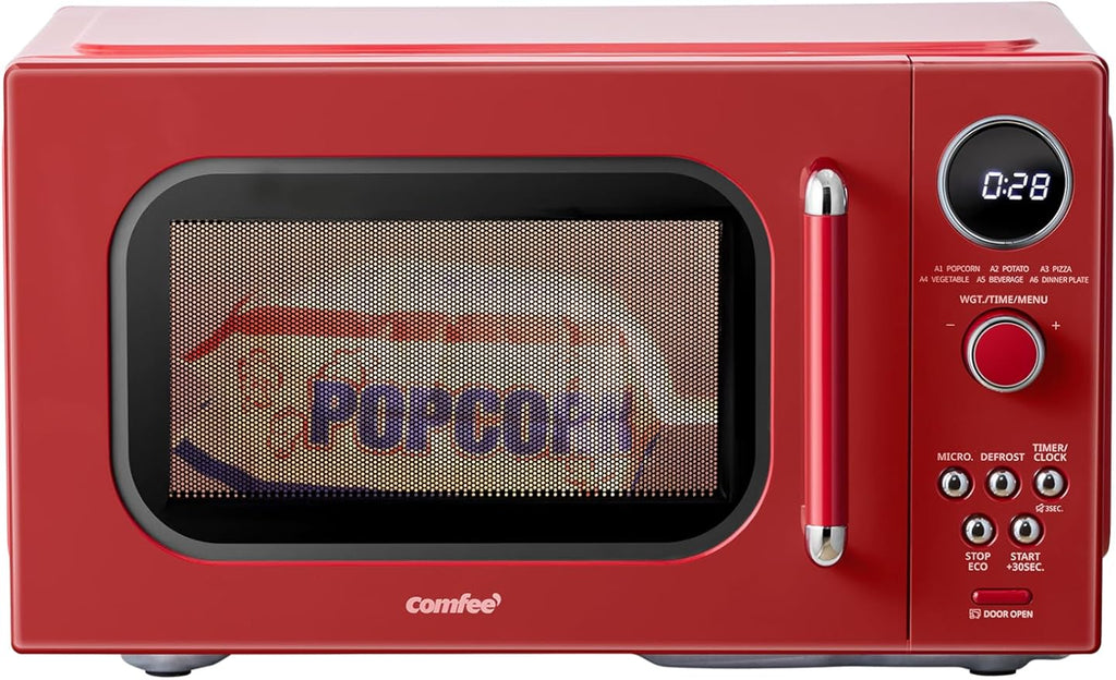 COMFEE Retro Ovens, Small 9 Preset Programs, 0.9 cu.ft Countertop Compact Microwaves with Multi-Stage Cooking, Mute Function, LED Digital, Red/900W, CMO-MMP02AA(RD), Red
