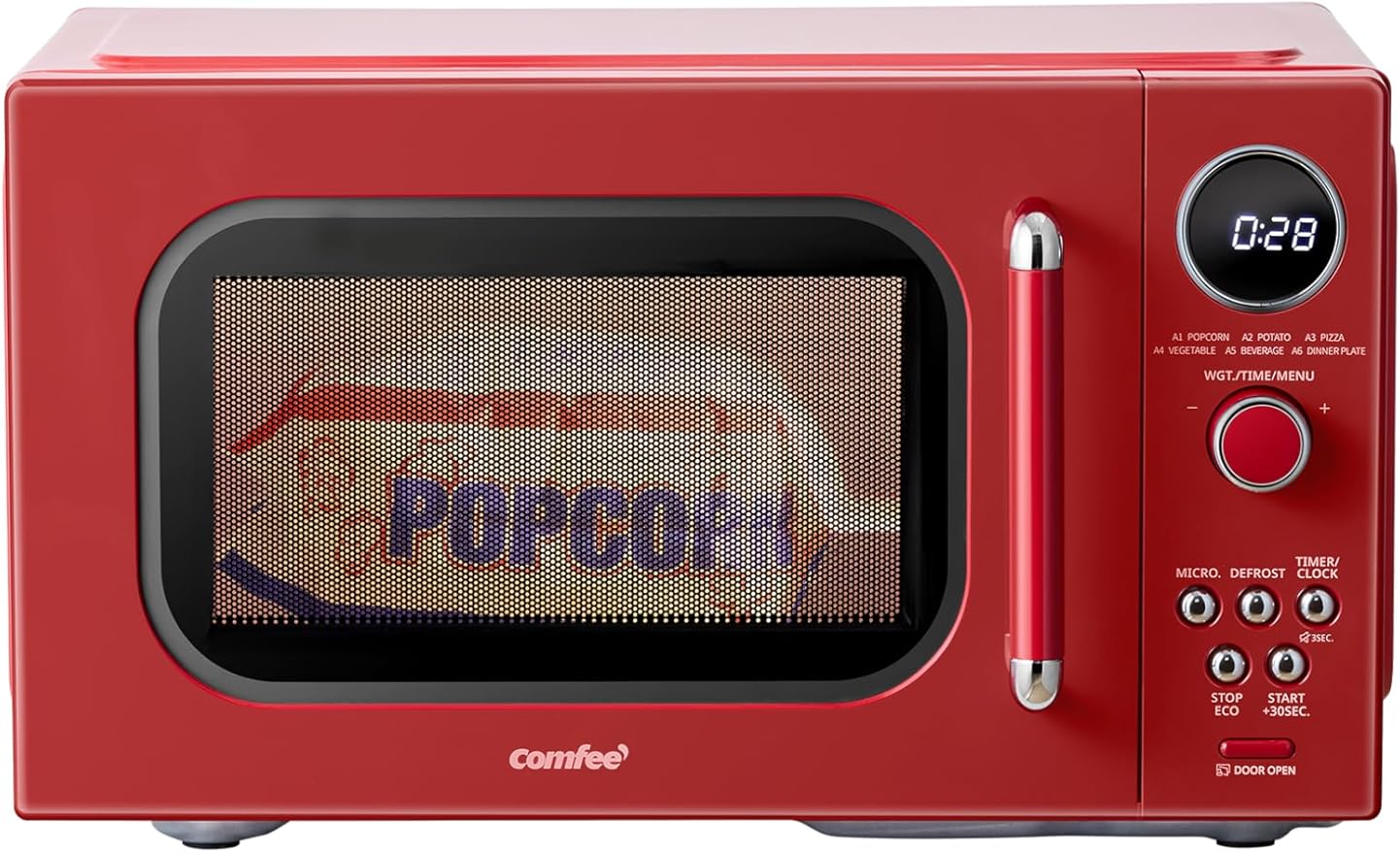 COMFEE Retro Ovens, Small 9 Preset Programs, 0.9 cu.ft Countertop Compact Microwaves with Multi-Stage Cooking, Mute Function, LED Digital, Red/900W, CMO-MMP02AA(RD), Red