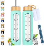 32 oz Glass Water Bottle with Straw - Motivational Time Marker & Silicone Sleeve - Reusable Tumbler Includes 2 Bamboo Lids & Fruit Infuser - 1 Pack
