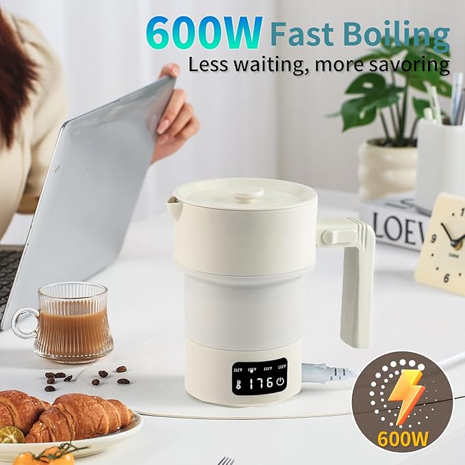 Travel Electric Kettle-Collapsible Portable Electric Kettle, 600W Foldable Small Water Boiler with 4-Temp Presets, Food Grade Silicone for Hotel, Office, Camping (Beige, 600mL)
