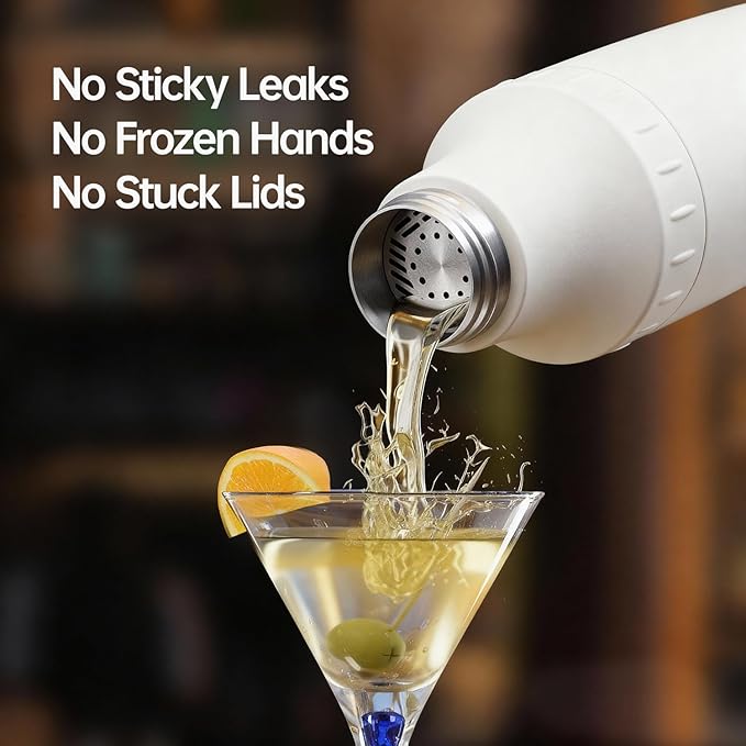 Hybrid Cocktail Shaker Set | Vacuum Insulated Stainless Steel Martini Shaker with Strainer & Jigger Lid | Travel cocktail kit with Bartender Accessory Tools | 30oz | White