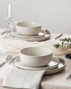 Famiware Milkyway Stoneware Dinnerware Sets with Pasta Bowls, Service for 6 (24 Pieces), Reactive Glaze Plates and Bowls Sets, Microwave and Dishwasher Safe Dishes Set, Matte Beige White