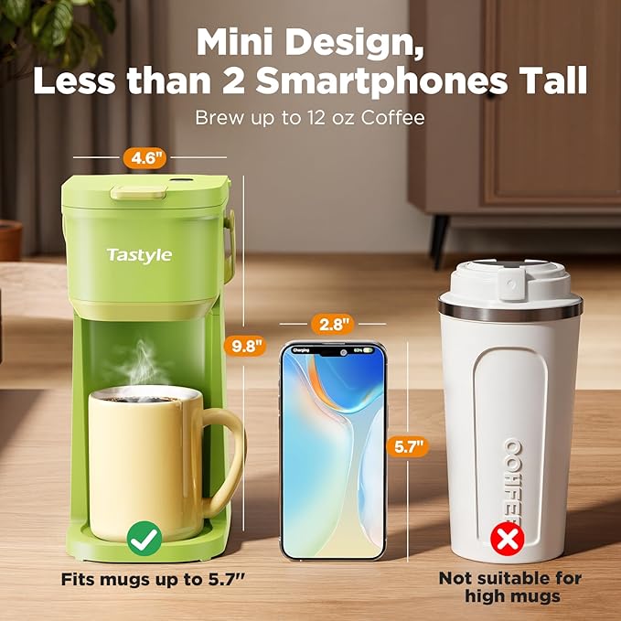 Single Serve One Cup Coffee Maker, for K Cups and Grounds, Mini Coffee Maker with Portable Handle, 6 to 12 Oz Brew Size, for Travel, Camping, Office, RV and Dorm, 120V, Lime Green