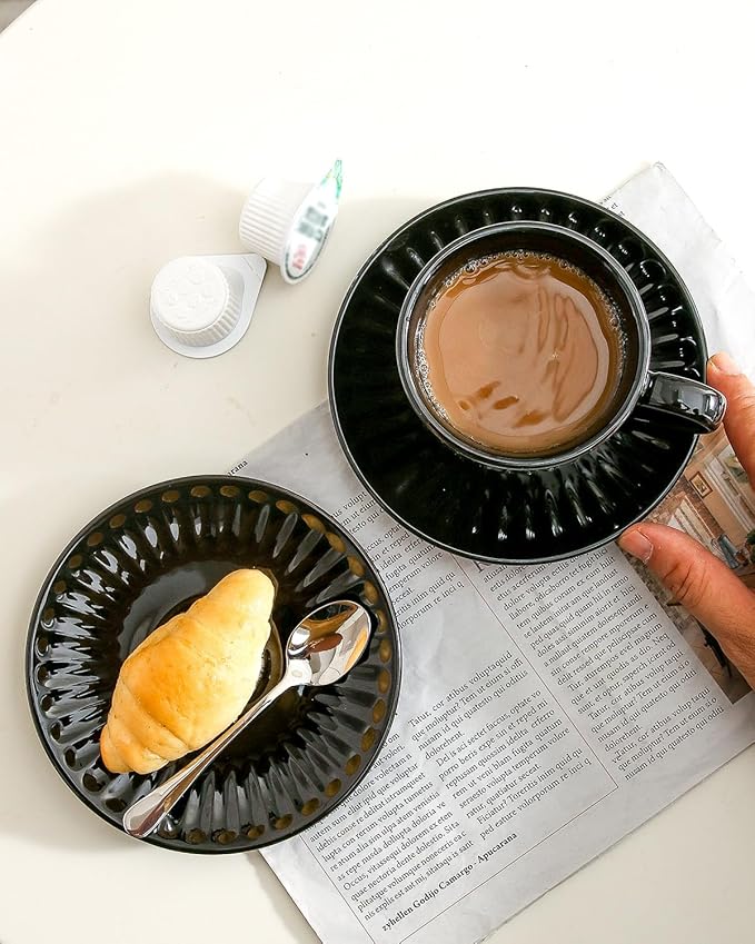 Hasense Ceramic Cappuccino Cups and Saucers - 8 Oz, Large Ribbed Coffee Mugs Set of 4 for Coffee,Tea,Latte and Macchiato, Demitasse Cups Set Aesthetic Gifty, Black