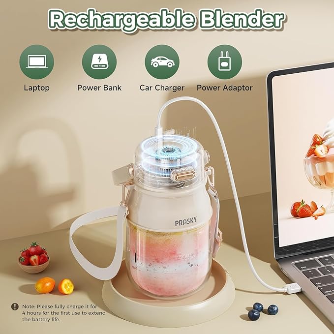 Portable Blender, Prasky Personal Blenders for Shakes and Smoothies with 27oz Cup, Lid and Shoulder Strap,Type-C USB Rechargeable, Personal Size Blenders BPA-free for Gym/Travel/Kitchen (Ivory White)
