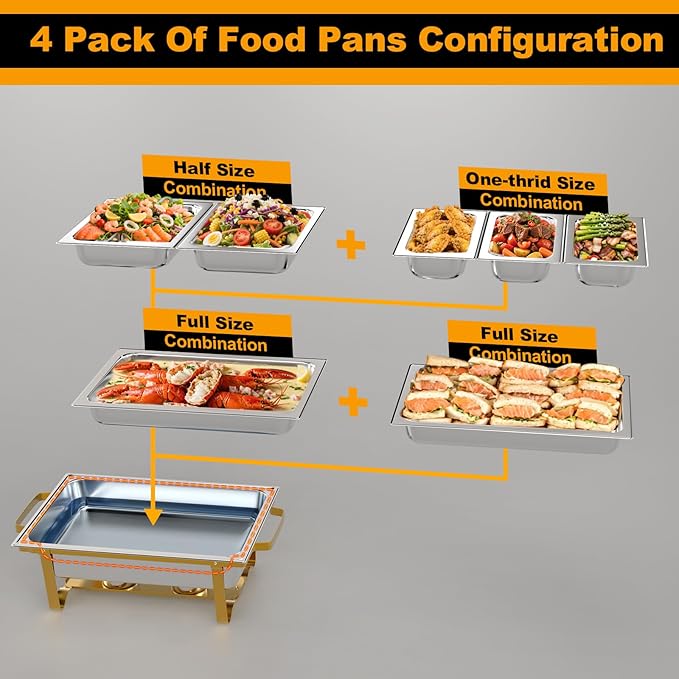 Chafing Dishes for Buffet 4 Pack, 9Qt Chafing Dish Buffet Set with Different Food Pans Combo, Food Warmers for Parties Buffet, Events & Weddings, Gold
