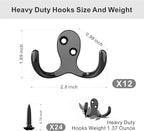 12 Heavy Duty Double Prong Coat Hooks | Wall Hooks with 24 Screws for Kitchen, Grocery Room, Bedroom