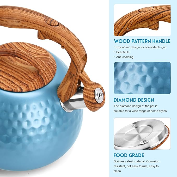 GGC Tea Kettle for Stove Top, Loud Whistling Kettle for Boiling Water Coffee or Milk, 3.1 Quart 3L Heavy Stainless Steel Blue Kettle with Wood Pattern Handle, Unique Button Control Kettle Outlet