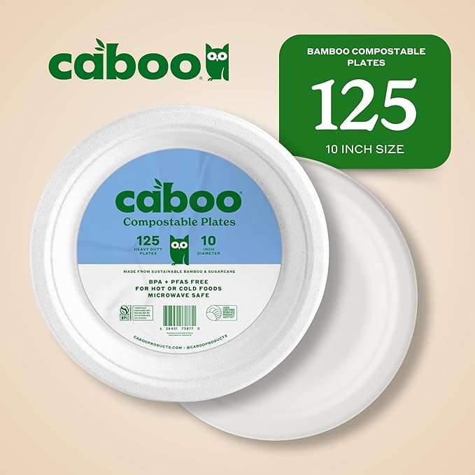 Caboo Disposable Bamboo Paper Plates, 125 Pack of 10 Inch Sturdy Biodegradable Plates, Compostable Plate, Microwave Safe Party Plate, Eco Friendly Alternative to Plastic