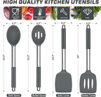 TeamFar Kitchen Utensils, 4PCS Heat-proof Silicone Cooking Utensils Set Slotted Spatula Solid Turner Spoon with Stainless Steel Handle, for Non-stick Cookware Flipping, Frying, Draining – Gray