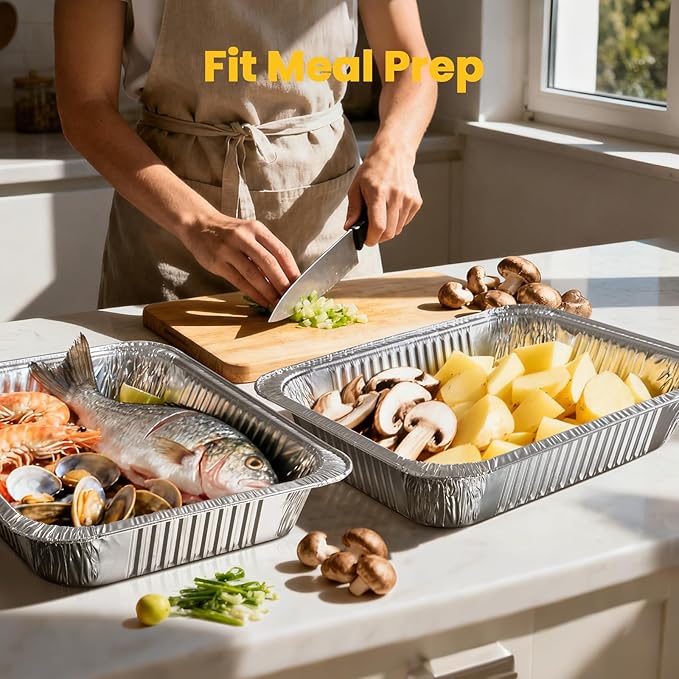 Fit Meal Prep 40 Pack 9x13 Aluminum Foil Pans - Heavy Duty Half Size Baking Pans Disposable for Roasting, Cooking, Serving, and Freezing - Tin Pan Trays for Buffet, Meal Prep, and Food Storage