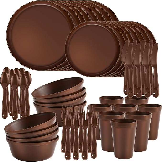 Plastic Dinnerware Sets – Brown Plastic Plates, 40-Piece Reusable Dishes Set for 8 with Cups, Forks, Knives and Spoons, Unbreakable Plates and Bowls for Camping, Outdoor Use