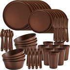 Plastic Dinnerware Sets – Brown Plastic Plates, 40-Piece Reusable Dishes Set for 8 with Cups, Forks, Knives and Spoons, Unbreakable Plates and Bowls for Camping, Outdoor Use