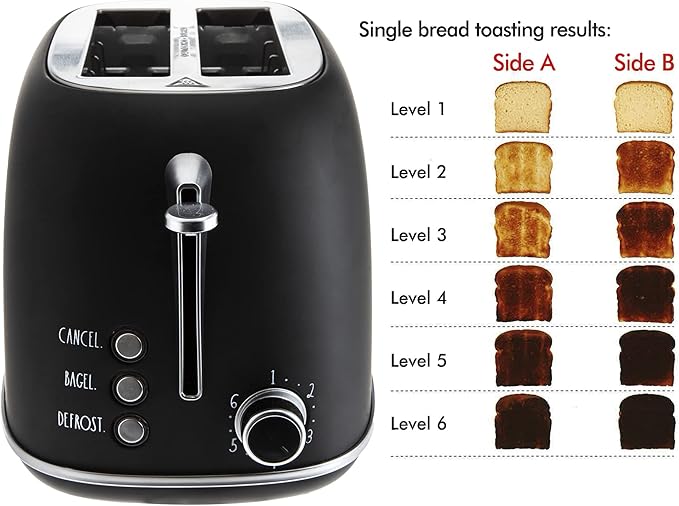 Rae Dunn Retro Rounded Bread Toaster, 2 Slice Stainless Steel Toaster with Removable Crumb Tray, Wide Slot with 6 Browning Levels, Bagel, Defrost and Cancel Options, Black