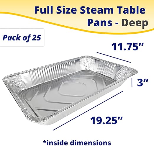 IDL Packaging Full Size Aluminum Steam Table Pans - Deep, 21" x 13" x 3" (pack of 25) - Disposable Foil Pan for Grilling, Roasting, BBQ, Cooking, Baking, Freezing