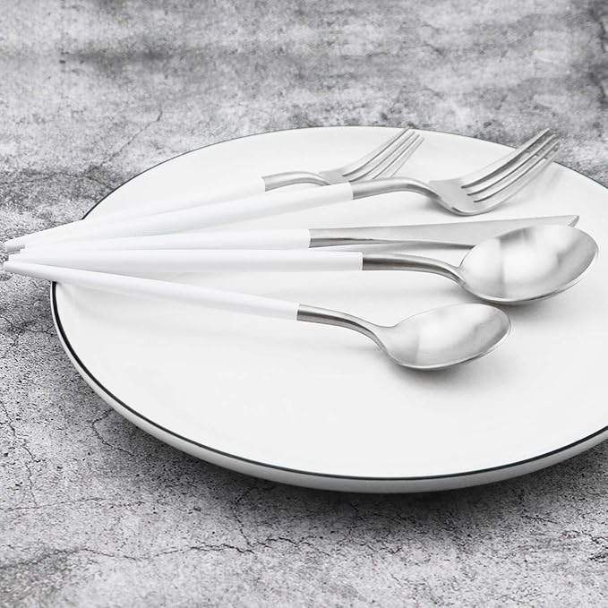 Gugrida 20-Piece 18/10 Stainless Steel Flatware Silverware, Luxury Dinnerware Set Travel Cutlery Tableware Include Knife Fork Spoon Service for 4, Dishwasher Safe (White Handle Matte Silver)