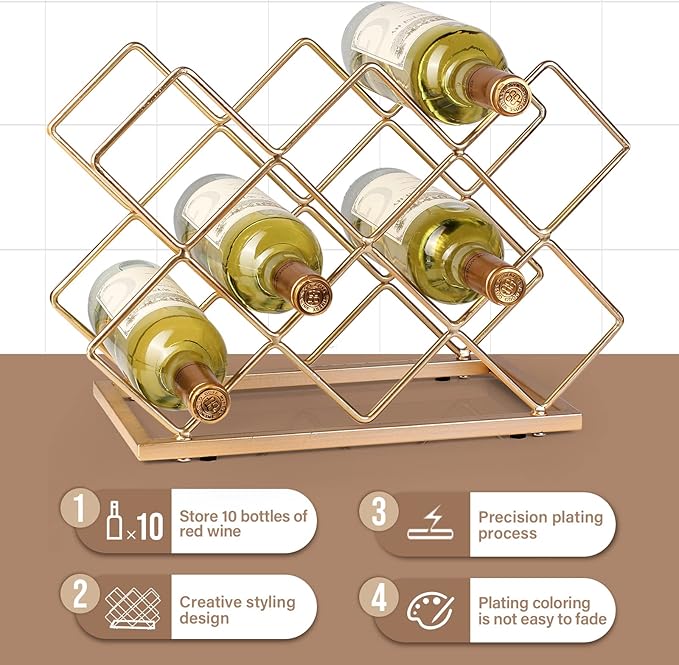 Countertop Wine Rack - 10 Bottle Freestanding Modern Gold Metal Small Wine Rack - Tabletop Wine Holder Stand for Cabinet, Pantry, Wine Bottle Storage…
