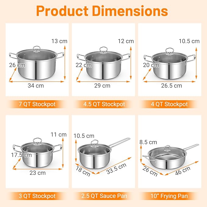 GOFLAME 12 Piece Pots & Pans Set, Stainless Steel Cookware Set with Tempered Glass Lids, Handles & 3-Ply Base, 4 Stockpots, 1 Frying Pan & 1 Sauce Pan for Stovetop, Induction, Halogen