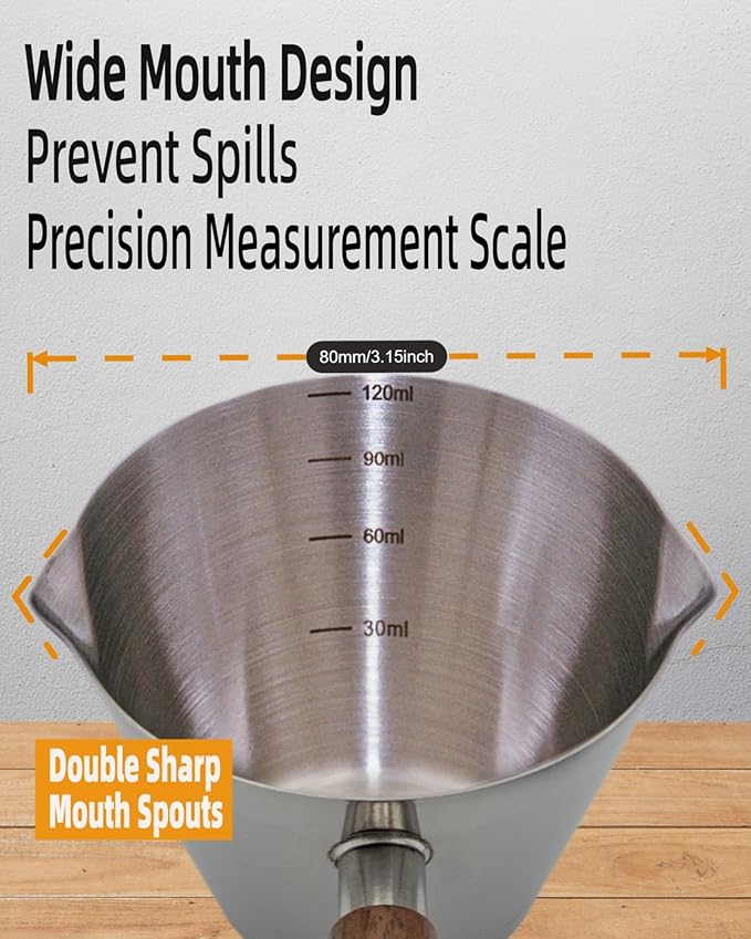 Stainless Steel Espresso Cup - Espresso Shot Cup with Wooden Handle -Measuring Cup with Double Spouts - 4.1OZ/120ML, Bright Silver