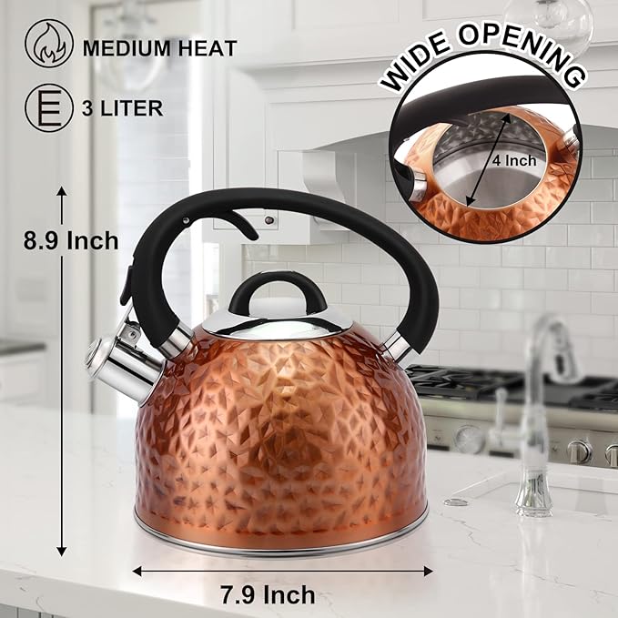 Copper Tea Kettle Stainless Steel Teapot Whistling Kettle Unique Button Control Kettle Outlet Loud Whistle Food Grade Teapot 3.2 Quart / 3 Liter Bronze