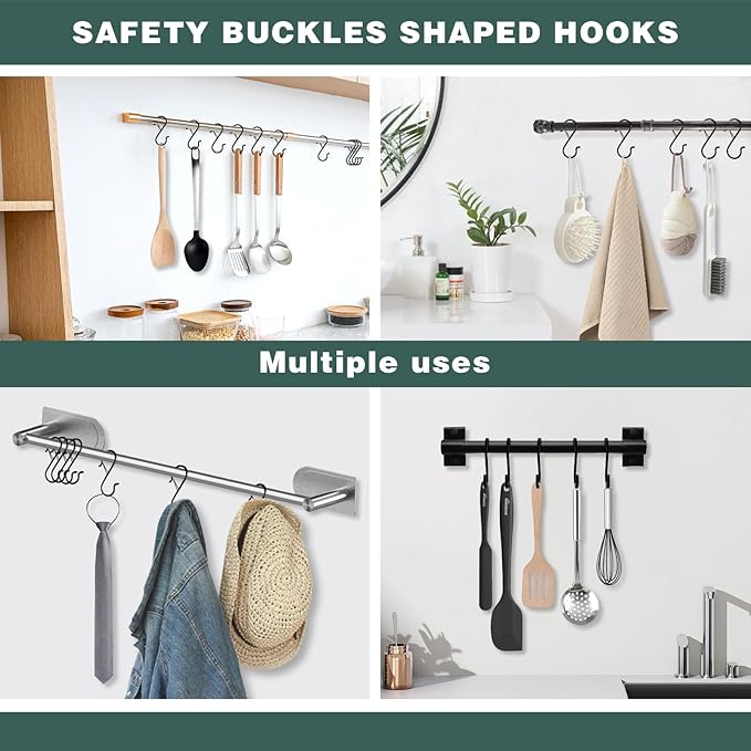 12PCS S Hooks for Hanging,3.5 Inch Heavy Duty Closet Hooks with Safety Buckle,Closet Hooks Hanging for Plants,Clothes,Kitchen Utensil,String Lights,Handbags,Belt, Hat, Cup, Tie (Black)